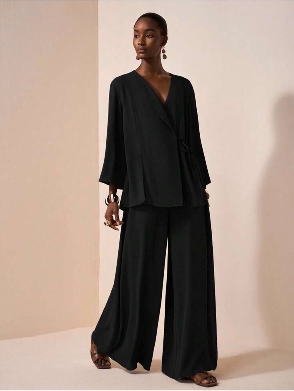 Women's Black Wide-Leg Wrap set
